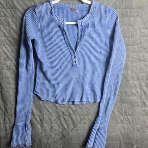 Free People Blue Waffle Weave Long Sleeve Women's Top